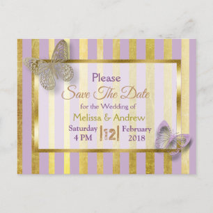 Purple and Gold Butterfly Save the Date Postcards