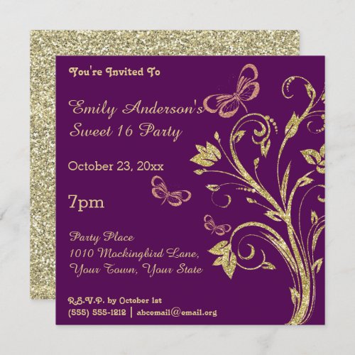 Purple and Gold Butterfly Sweet 16 Birthday Invitation
