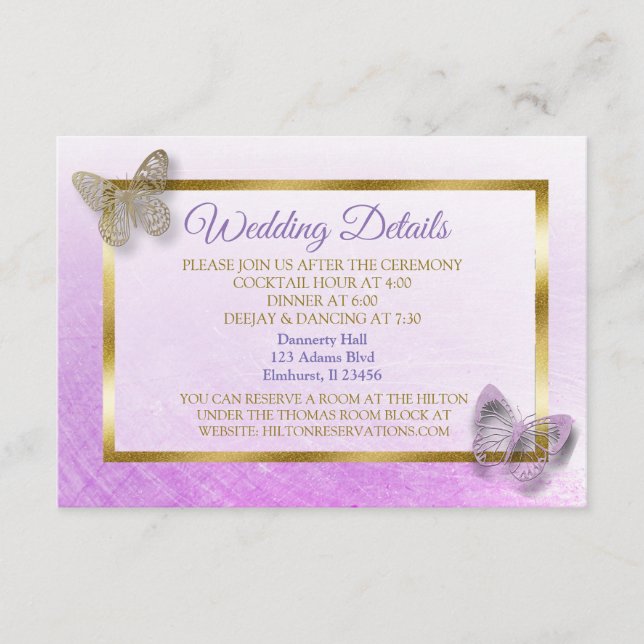 Purple and Gold Butterfly Wedding Details Card (Front)