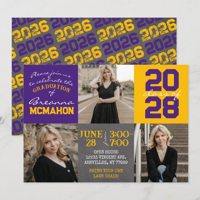 Purple and Gold Chalkboard 3 Photo Graduation Invitation (Front/Back)