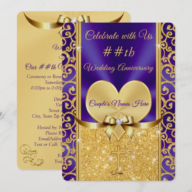 Purple and Gold Christian Anniversary Invitations (Front/Back)