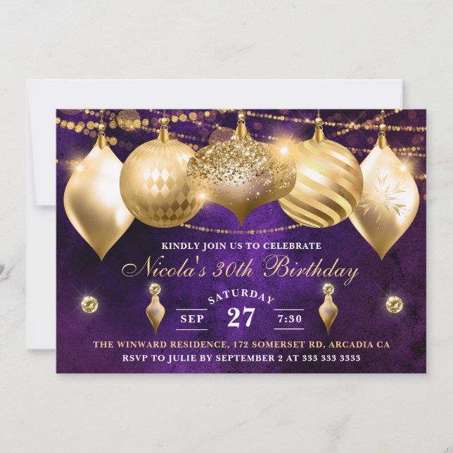 Purple and Gold Christmas Baubles Birthday Invitation (Front)