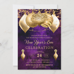 Purple and Gold Christmas Baubles New Year's Eve Invitation