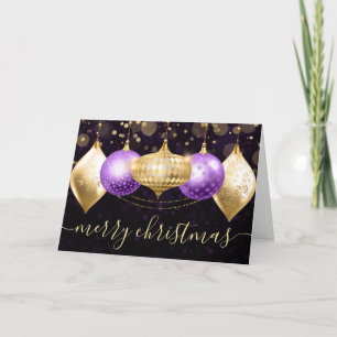 Purple and Gold Christmas Baubles Ornaments Holiday Card