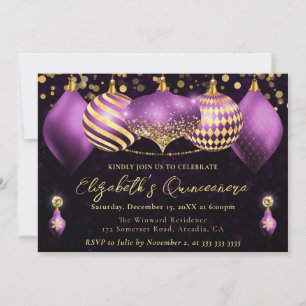 Purple and Gold Christmas Baubles Quinceanera Invitation