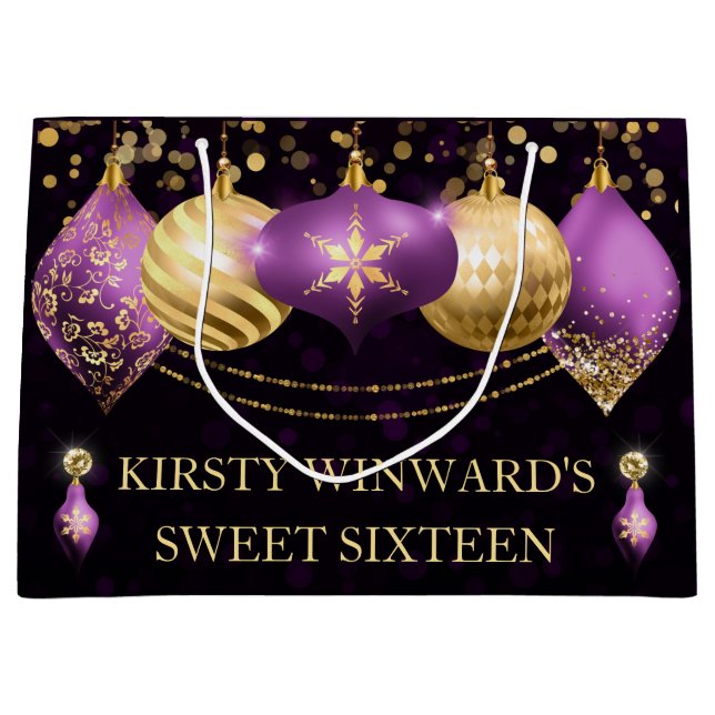 Purple and Gold Christmas Baubles Sweet 16 Large Gift Bag (Front)
