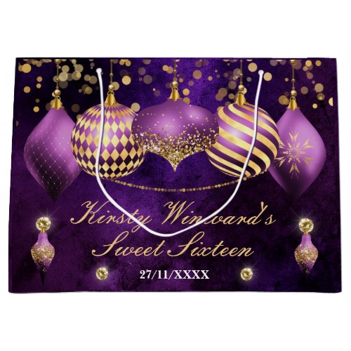 Purple and Gold Christmas Baubles Sweet 16 Large Gift Bag