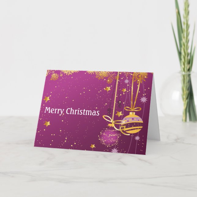 Purple and Gold Christmas Ornaments Holiday Card (Front)