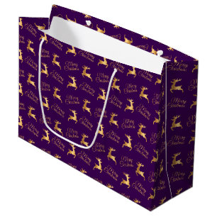Purple and Gold Christmas Reindeers Large Gift Bag