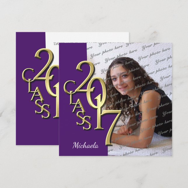 Purple and Gold Class of 2017 Photo Graduation Invitation (Front/Back)