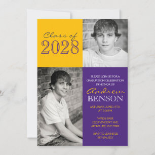Purple and Gold Classic 2 Photo Graduation Invitation