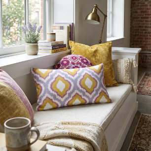 Purple and Gold Colorful Ogee Ikat Pattern Lumbar Pillow