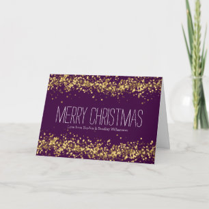 Purple and Gold Confetti Bokeh Personalized Holiday Card