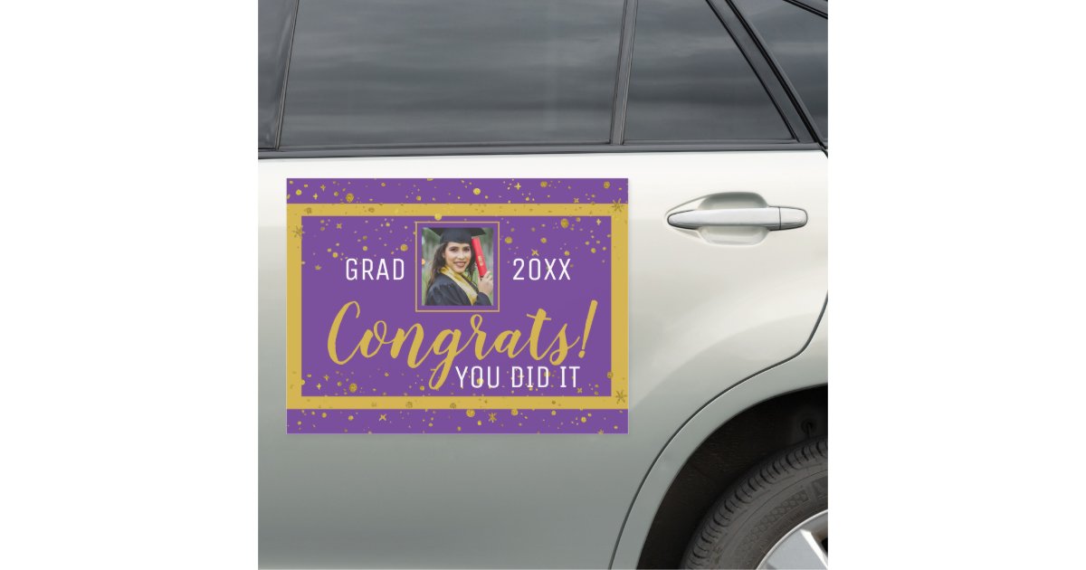 Purple And Gold Confetti Congrats Grad 2021 Photo Car Magnet | Zazzle