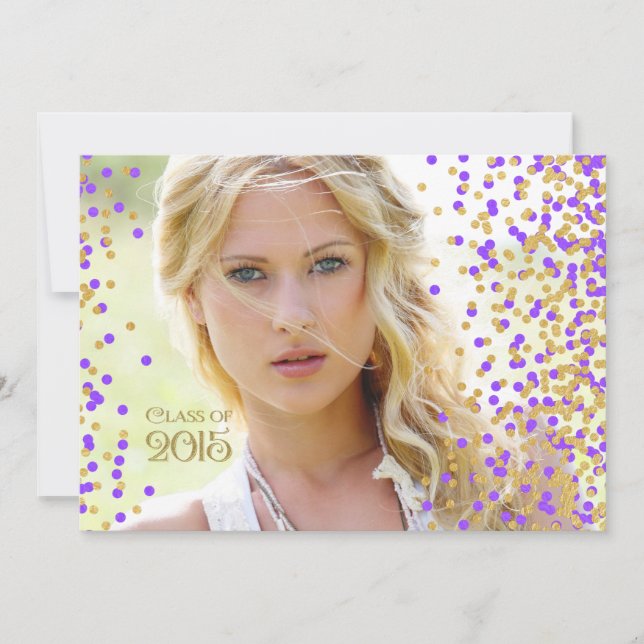 Purple and Gold Confetti Graduation Announcement (Front)
