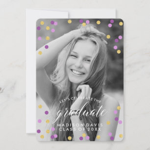 Purple and Gold Confetti Photo Graduation Invitation