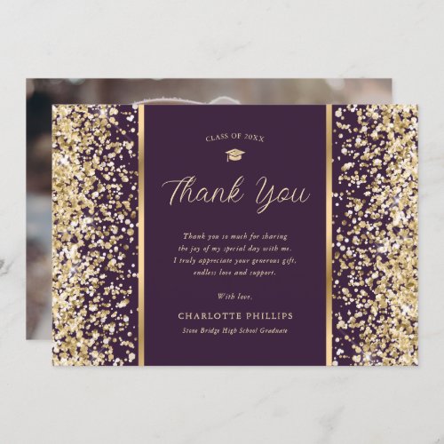 Purple and Gold Confetti Photo Graduation Thank You Card