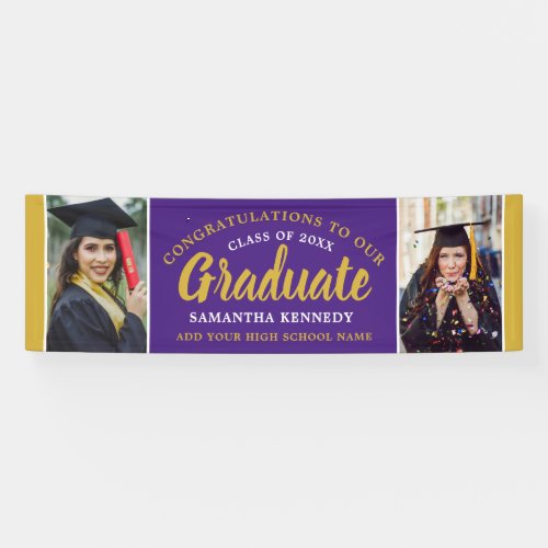 Purple And Gold Congrats Grad 2 Photo Graduation Banner