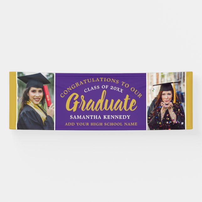 Purple And Gold Congrats Grad 2 Photo Graduation Banner (Horizontal)
