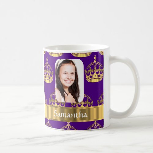 Purple and gold crown personalized photo coffee mug