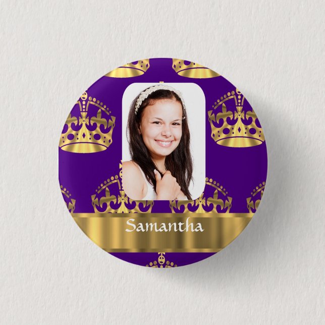 Purple and gold crown personalized photo pinback button (Front)