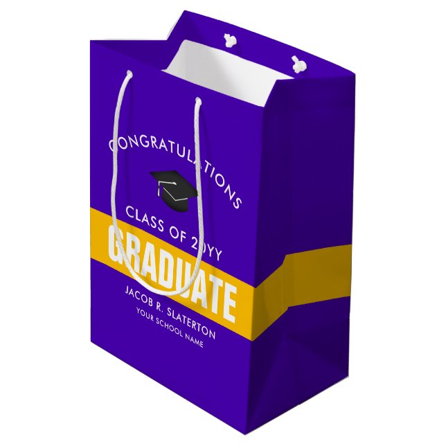 Purple and Gold Custom Graduation Medium Gift Bag (Back Angled)