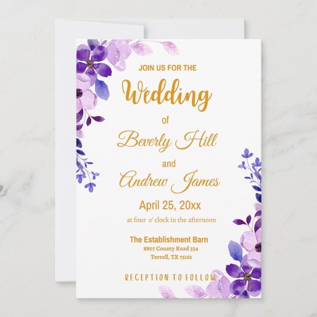 Purple and Gold Customizable Spring Wedding Invitation (Front)
