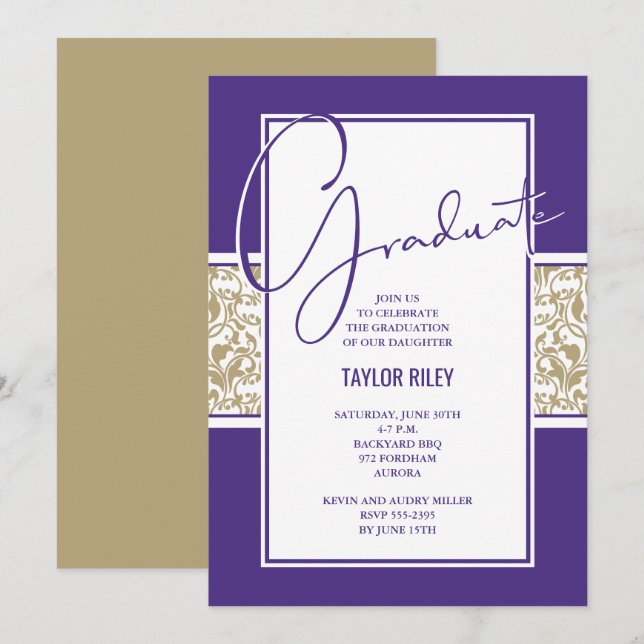 Purple and Gold Damask Graduation Invitation (Front/Back)