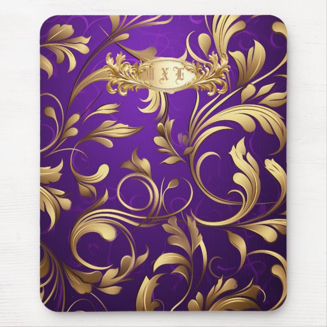Purple and Gold Damask Monogrammed Mouse Pad (Front)