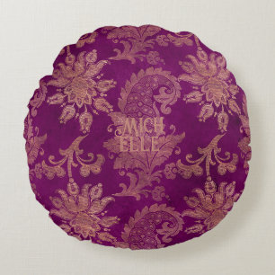 Purple and Gold Damask Round Pillow