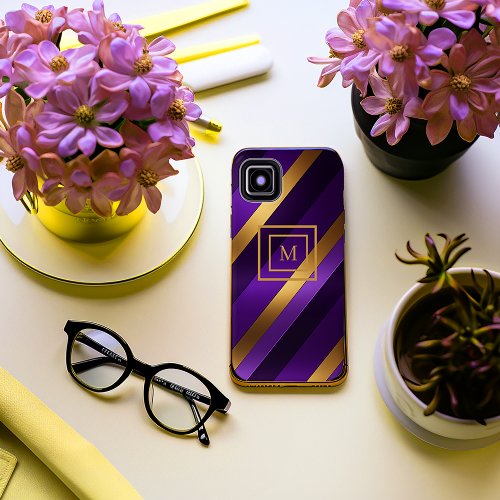 Purple and Gold Diagonal Striped Monogrammed iPhone 15 Plus Case