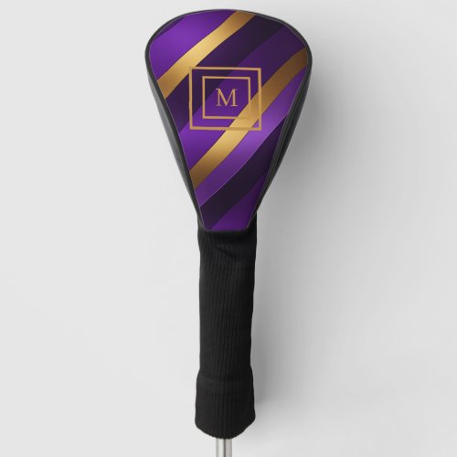 Purple and Gold Diagonal Striped Monogrammed Golf Head Cover