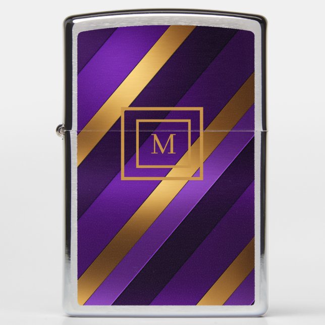 Purple and Gold Diagonal Striped Monogrammed Zippo Lighter (Front)