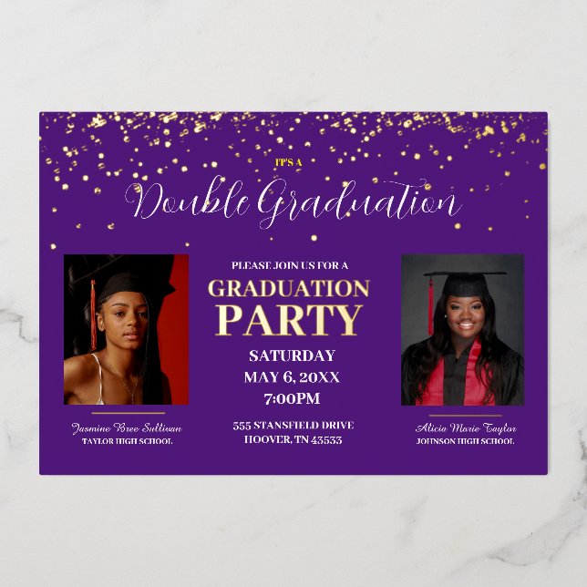 Purple and Gold Double Graduation Gold  Foil Invitation (Front)
