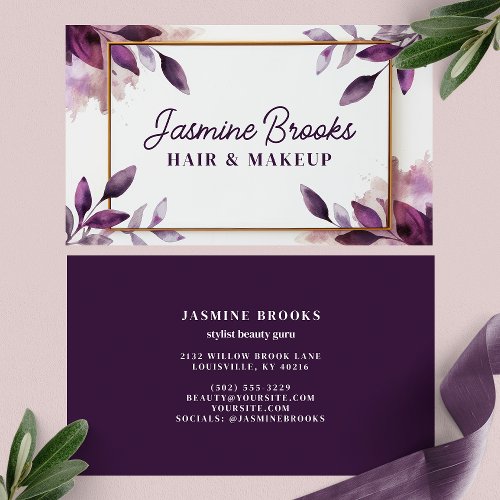 Purple And Gold Elegant Botanical Leaf Business Card