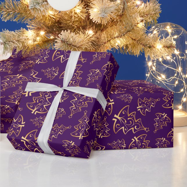 Purple and Gold Elegant Christmas Trees Wrapping Paper (Holidays)