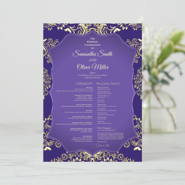 Purple And Gold Elegant Detailed Wedding Program (Standing Front)