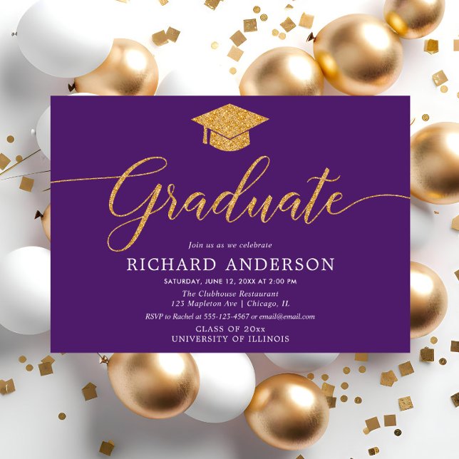 Purple and gold elegant graduation party Graduate Invitation (Creator Uploaded)