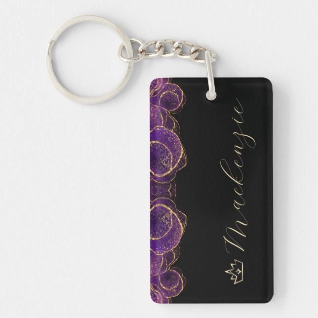 Purple and Gold Elegant Script Personalized Keychain (Front)
