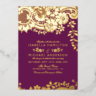 Purple and Gold elegant vintage lace wedding Foil Invitation