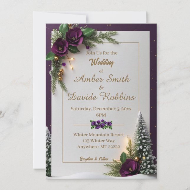 Purple and Gold Elegant Wedding Invitation (Front)