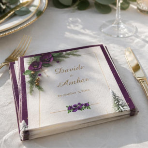 Purple and Gold Elegant Winter Wedding Cocktail Napkins