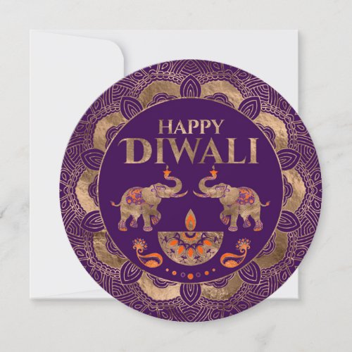 Purple and Gold Elephants Happy Diwali   Card