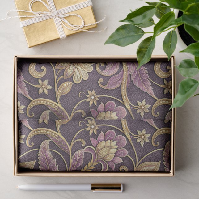 Purple And Gold Embossed Flowers Pattern Tissue Paper (Gift)