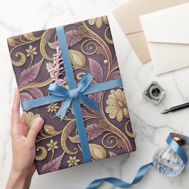 Purple And Gold Embossed Flowers Pattern Wrapping Paper (Gifting)