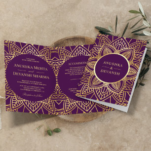 Purple and Gold Ethnic Mandala Indian Wedding Invitation