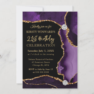 Purple and Gold Faux Glitter Agate Birthday Invitation