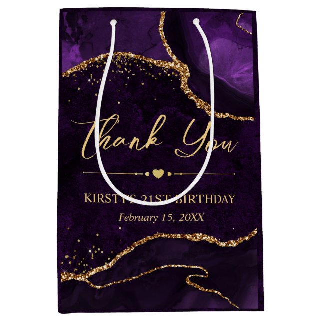 Purple and Gold Faux Glitter Agate Birthday Medium Gift Bag (Front)