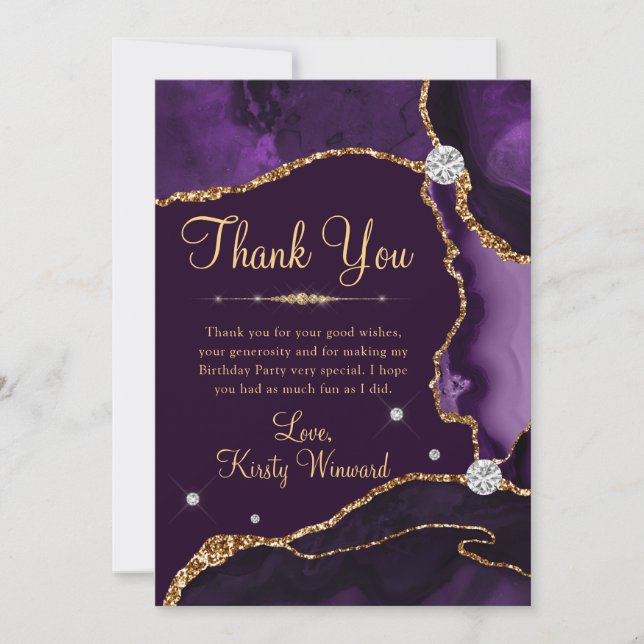 Purple and Gold Faux Glitter Agate Birthday Thank You Card (Front)