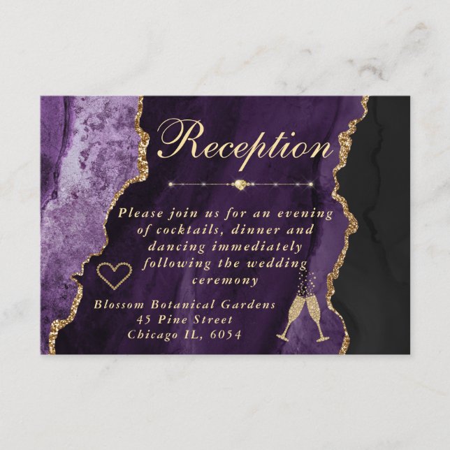 Purple and Gold Faux Glitter Agate Reception Enclosure Card (Front)
